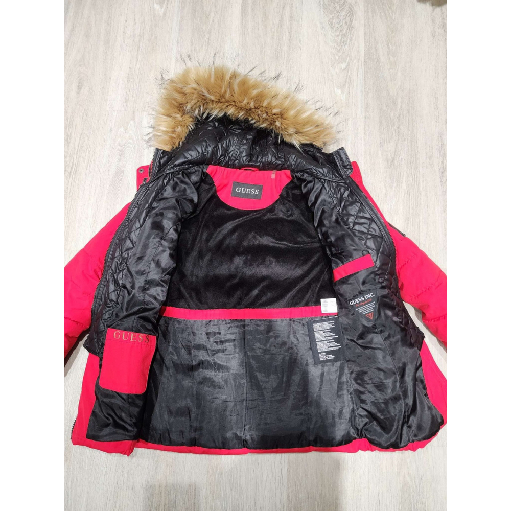 GUESS Puffer Parka Jacket Faux Fur Hood Red S/CH/XS Zip Pockets Winter Used - Picture 4 of 13